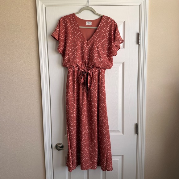 Sienna Sky Dresses & Skirts - Sienna Sky Womens Rust Polka Dot V-Neck Flutter Sleeve Midi Dress Small